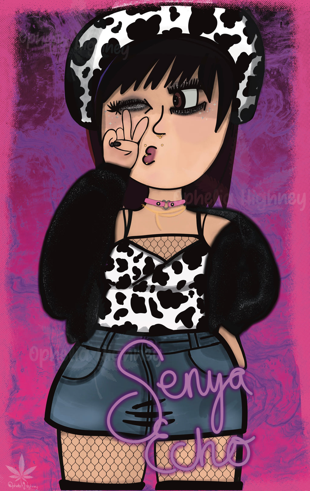 Illustration of a character with cow print hat and outfit on a pink background, with 'Senya Echo' branding.