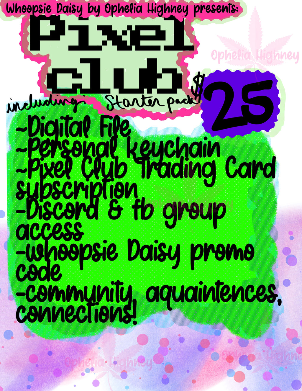 Promotional graphic for Pixel Club Starter Pack with colorful text and graphics.
